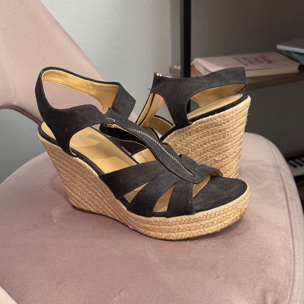 Michael Kors Black Wedge Sandals with Tan Platform